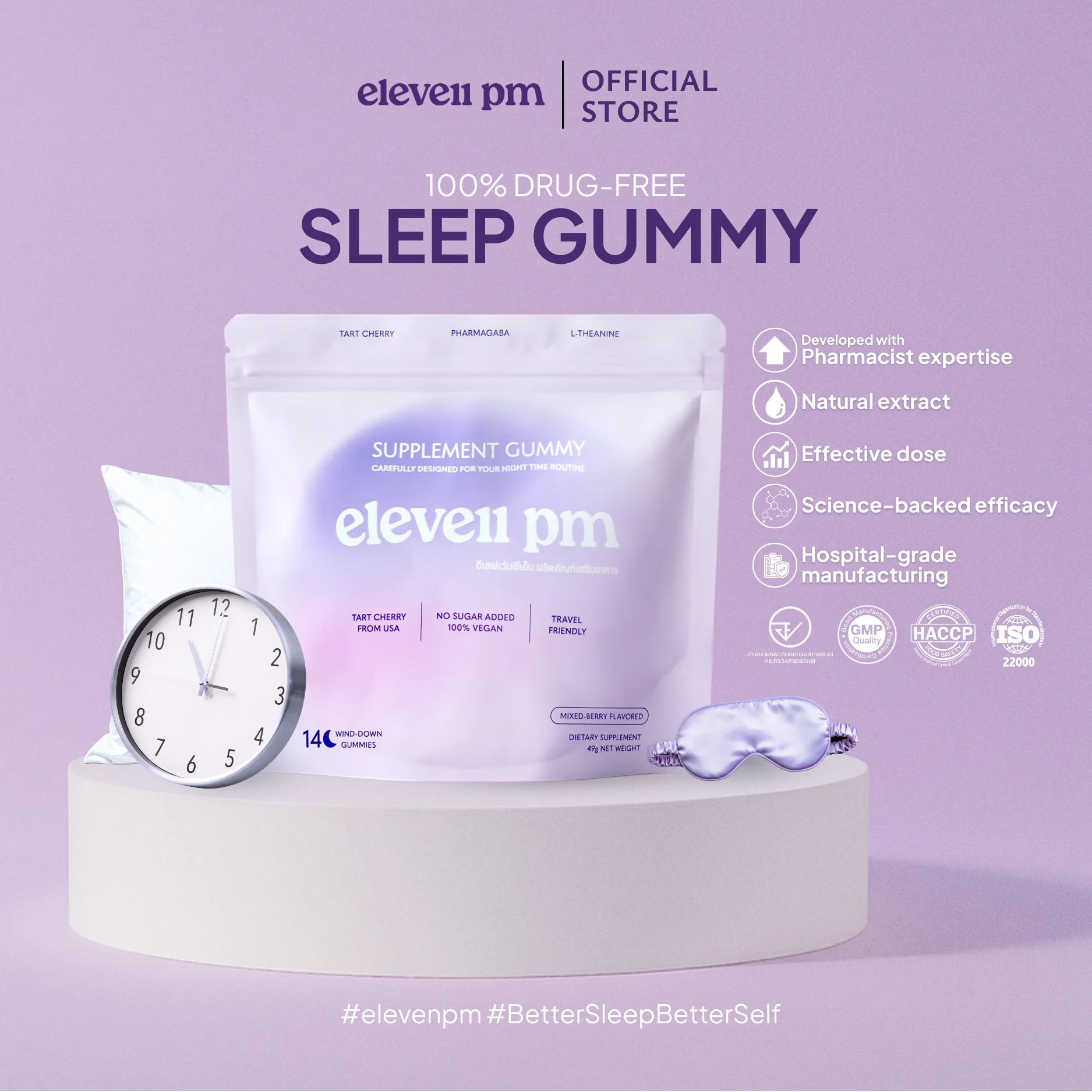 eleven pm sleep gummy — 100% Drug-Free, GMP HACCP ISO certified, 14 gummies per pack